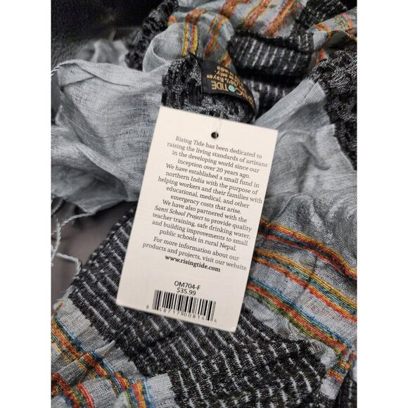 Rising Tide Silk Rayon Scarf Gray Multicolor Open Knit Fringed Hem Made in India - Picture 4 of 5